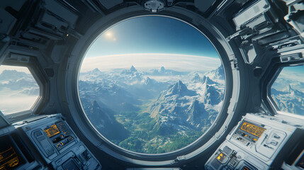 futuristic spacecraft interior circular window planet landscape view outer space universe alien adventure exploration science travel mountains ocean atmosphere galaxy technology fiction