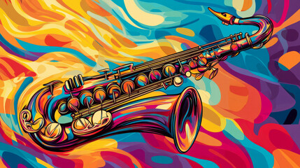 Pop art 60s psychedelic colorful trippy retro style image of jazzy saxophone with music coming out of it in waves in music dance party atmosphere background with copy space