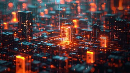 Obraz premium Close view of motherboard chip, glowing chip with lights, futuristic view of computer technology,