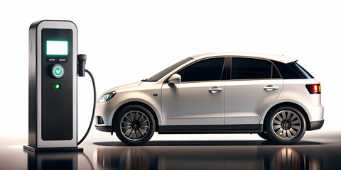 3d Flat icon as EV charging icon and a battery meter symbolizing power and efficiency with ample space for text. concept as An EV charging icon next to a battery meter representing the monitoring of p