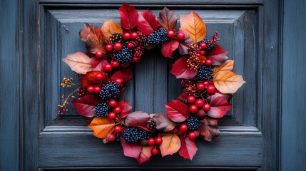 Autumn wreath with vibrant leaves and berries hanging on a rustic wooden door