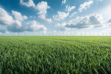A lush green field with a wind turbine farm in the background, symbolizing the integration of sustainable energy in modern development. The foreground provides ample copy space for text or visual