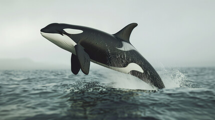Fototapeta premium A killer whale leaps high out of the water, showcasing its power and grace against a gloomy sky