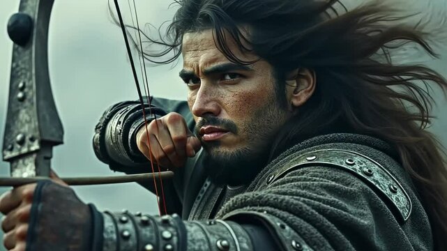 Intense warrior prepares bow in turbulent atmosphere. Wind-swept hair frames determined face. Intricate armor details highlight medieval setting. Muted colors amplify dramatic mood.	