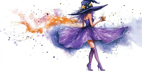 Hand painted watercolor illustration of a witch shopping and enjoying coffee Dressed in a violet short dress high heels and a large hat adorned with stars complemented by stockings Watercolor sketc