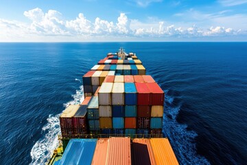 Fototapeta premium A cargo ship loaded with colorful shipping containers sailing on the open sea. The image captures the vast ocean and the ship's journey with clouds in the sky.