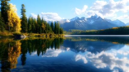 Fototapeta premium Still lake with clear reflections of mountains and trees, in a precise oil painting style, hand brushstrokes detailing every texture, soft colors, and serene atmosphere.