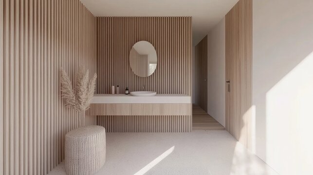 Modern minimalist bathroom with light pink and wood accents and natural light