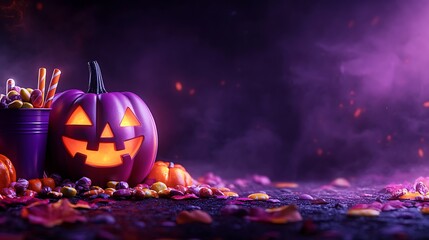 Spooky Halloween scene with glowing jack-o'-lantern surrounded by candy in a misty, purple-hued atmosphere.