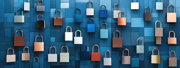 A vibrant display of padlocks hanging from chains with a whimsical building and dramatic clouds in a fantasy-inspired blue palette