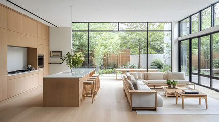 Modern luxurious living room kitchen interior design minimalist luxury white countertop stainless steel appliances elegant home apartment city house large windows natural light spacious contemporary