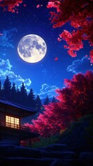 Naklejka premium Full moon illuminating a night sky over a forest with vibrant red autumn leaves. The image captures the beauty of a serene and mystical night, blending nature and tranquility.