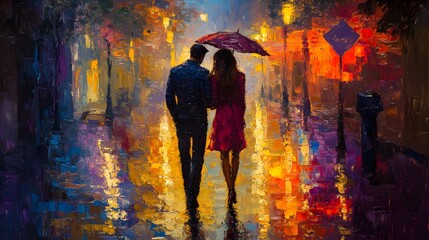 Obraz premium Lovers in the rain, walking through a glowing city street, reflections shimmering on the wet ground, oil painting, soft yet vivid colors, delicate brushwork, romantic vibe