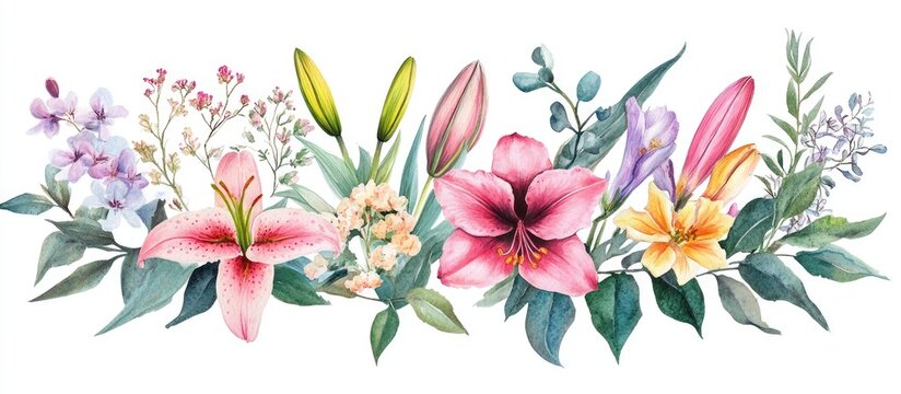 Hand painted watercolor illustration featuring botanical flowers and leaves Includes lily clivia amaryllis bergenia heliotrope lungwort pink lobelia jasmine willow and eucalyptus Arrangement isola