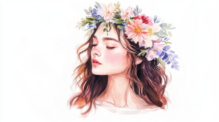 Naklejka premium Girl with floral wreath hand painted watercolor illustration suitable for wedding backgrounds card designs bridal showers banners greeting cards and invitations