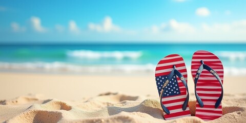 A vibrant beach scene featuring patriotic flip flops on sandy shores, perfect for Labor Day promotions and summer events with copy space.
