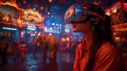 Obraz premium A woman immerses herself in virtual reality while surrounded by colorful carnival attractions, creating a captivating evening atmosphere.