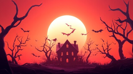 Spooky Halloween 3D Banner with Haunted House, Bats, and Full Moon on Vibrant Background for Social Media and Event Promotions