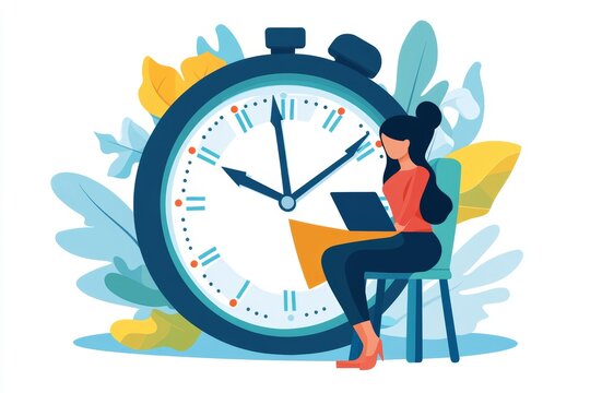 Time management system for businesswoman with clock, part time job schedule vector illustration