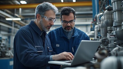The technician engaged in a problem-solving discussion with another engineer, using the laptop to display diagnostic reports and troubleshooting guides for the factory’s 