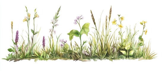 Obraz premium Fragment of a natural landscape featuring plantain grass and blossoms Realistic summer flora in a watercolor hand painted style presented on a white background