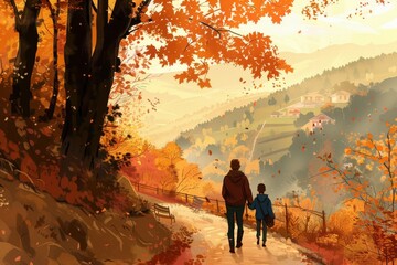 Fototapeta premium Avant garde family vacation fine art illustration with high chroma autumn vibes