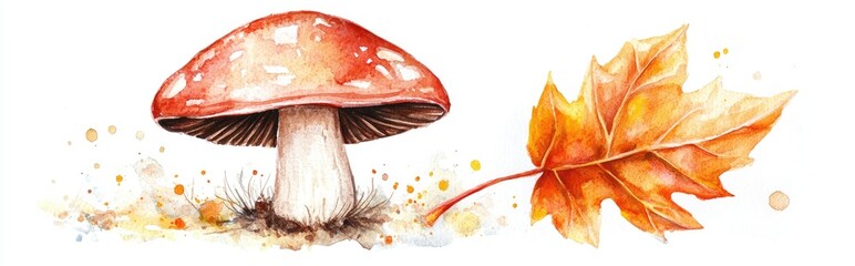 Joyful mushroom featuring a brown cap alongside an orange autumn leaf Watercolor illustration created by hand on a white background