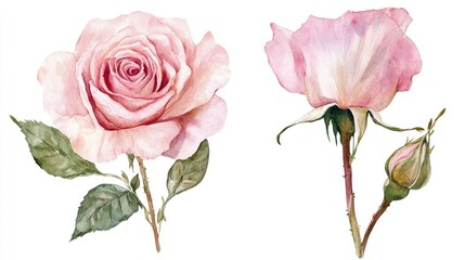 Obraz premium Hand drawn watercolor illustration of a blooming pink rose flower set on a white background Ideal elements for romantic floral decorations wedding bouquets or Valentine s Day cards