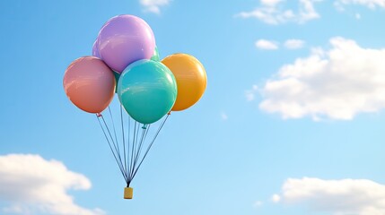 Fototapeta premium Colorful balloons gently floating against a bright blue sky on a sunny day, capturing the joy and whimsy of childhood dreams
