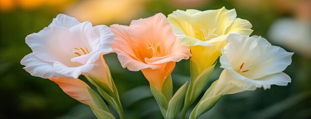 Fototapeta premium Delicate pastel gladiolus blossoms in a sunlit garden surrounded by vibrant greens in early morning light