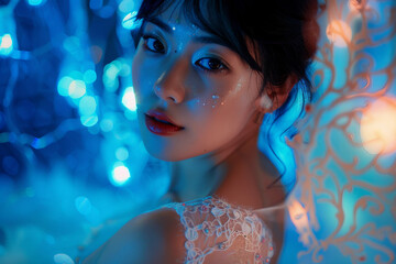 Photo of seductive young woman wearing stylish lingerie created with generative AI technology