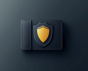 Stylish black wallet with a golden shield emblem, representing security and protection for cards and cash.