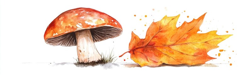 Joyful mushroom with a brown cap alongside an orange autumn leaf Watercolor illustration on a white background
