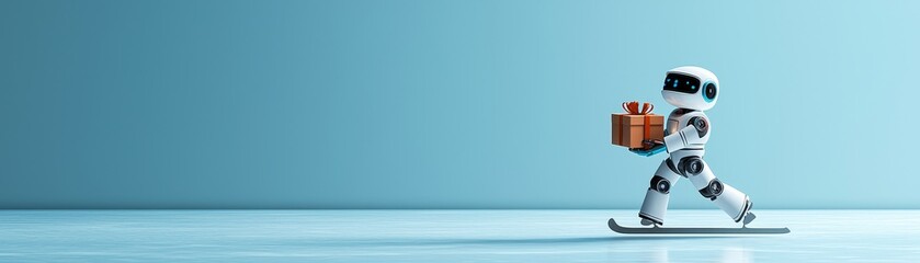 A cheerful robot delivering a gift, showcasing a blend of technology and fun in a minimalistic blue background.