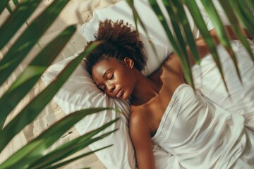 Young woman finds tranquility she sleeps peacefully her side. Calm and comfort of nighttime experienced peacefully sleeping woman. Illustrates intimate personal sanctuary that cozy bed provides.