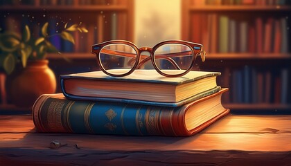 A stack of books with reading glasses on a cozy library table.