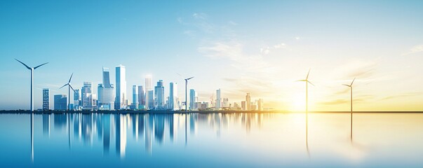 Fototapeta premium A panoramic view of a sustainable coastal city with green buildings, clean transportation, and renewable energy sources, emphasizing the future of urban development. The image is designed with