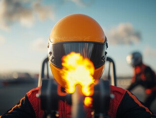 Fototapeta premium A close-up view of a racer wearing an orange helmet, ready to unleash speed with fire bursting from the engine.