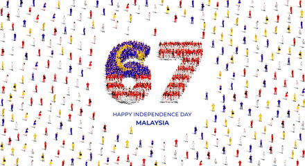 August 31 Happy Independence Day Malaysia Design. A large group of people form to create the number 67 as Malaysia celebrates its 67th Independence Day on the 31st of August.