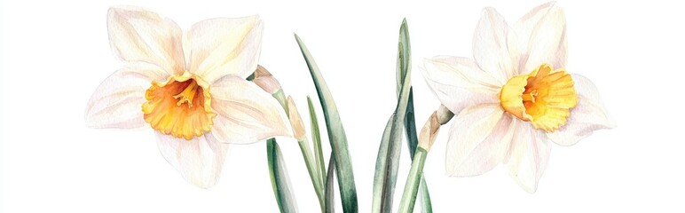 Hand painted watercolor illustration of a spring narcissus flower on a white background