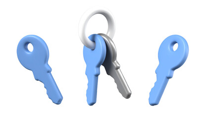 Set of 3D keys of various types. Bundle of elements and individual models
