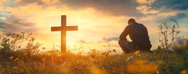 A moving image capturing the silhouette of a man kneeling near a wooden cross at sunset