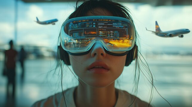 A woman wears augmented reality glasses, immersed in flight details and travel information at an airport terminal.