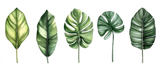 Obraz premium Isolated tropical leaves on a white background watercolor hand painted illustration