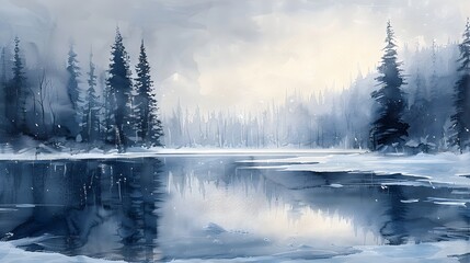 Fototapeta premium Peaceful frozen lake surrounded by snow-laden trees, soft watercolor brushstrokes emphasizing winter's chill and silence, oil painting influences.