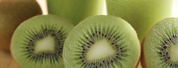 Refreshing glass of green kiwi juice served with fresh fruit on a rustic wooden table