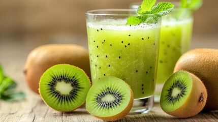 Refreshingly vibrant kiwi juice served with fresh fruit and mint leaves on a rustic wooden table