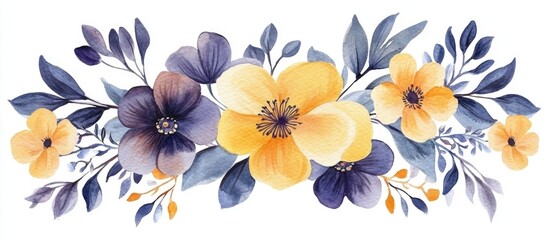 Elegant vintage bouquet featuring yellow and purple flowers in watercolor gouache style