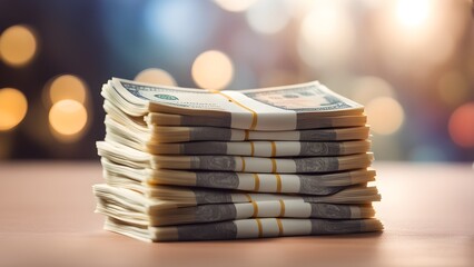 A stack of US dollars on a table