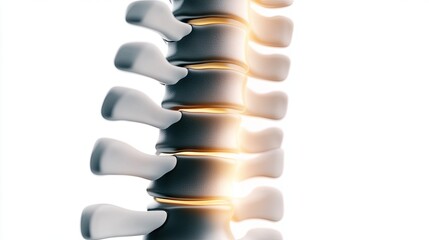 Glowing back pain visualization with a human spine on a contrasting background, showcasing a differential focus on the spine's anatomy and discomfort